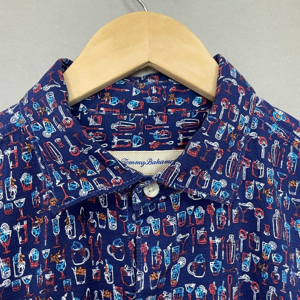 Tommy Bahama Shirt Cocktails Drinks Hawaiian Blue Size Medium Men Cotton Viscose